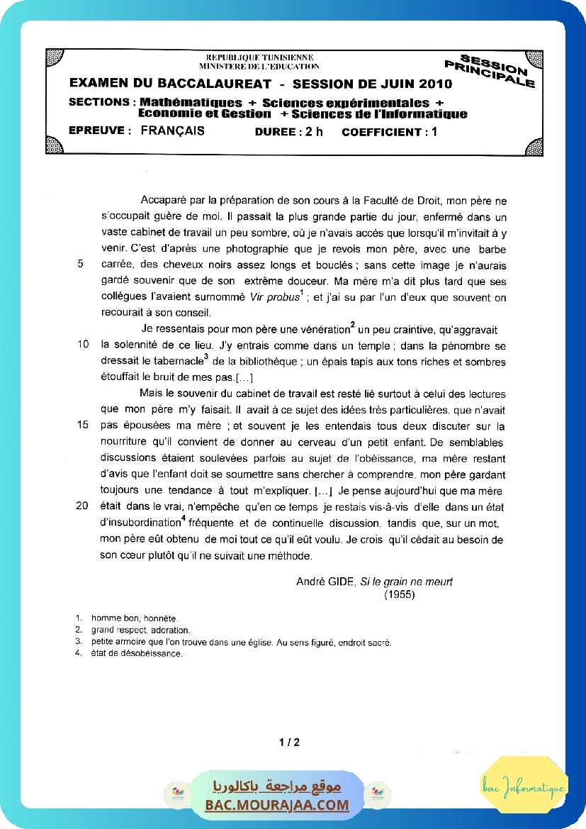 Sujet principale francais Bac 2010 – Section info